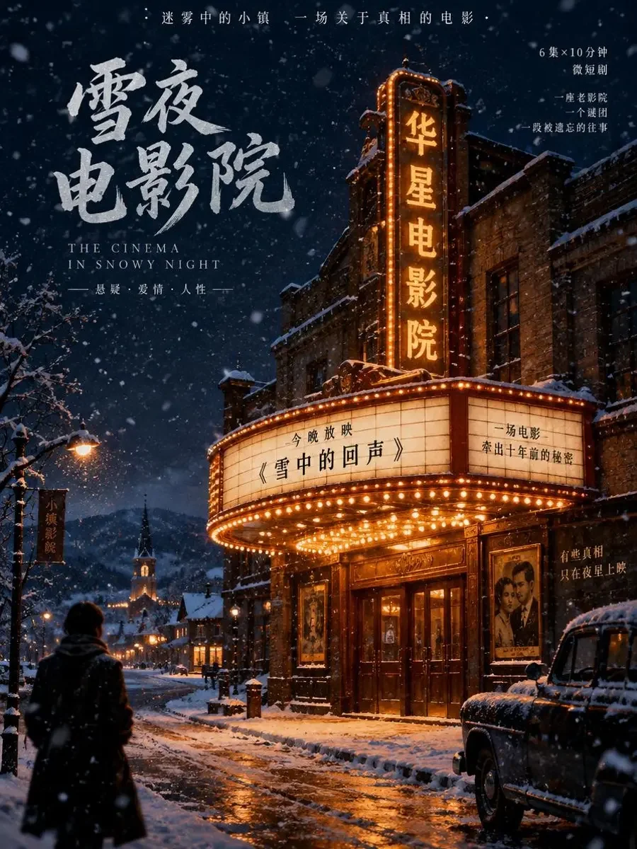 雪夜电影短剧封面，悬疑题材，52集竖屏短剧